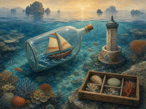 A miniature sailboat inside a glass bottle rests on a coral reef underwater next to a small stone tower.