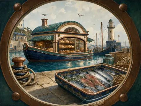 A harbor view through a round porthole showing a boat converted into a bakery, fresh fish on ice, and a lighthouse.