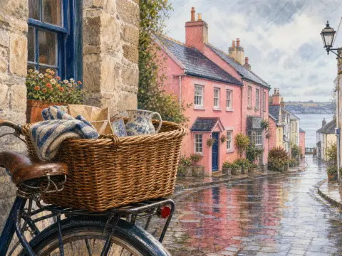 Bicycle with a wicker basket parked on a wet cobblestone street in a seaside village with pink cottages.
