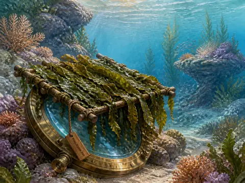 A brass ship porthole resting underwater with long green kelp draped over a small wooden rack beside coral reefs.