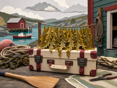 Drying seaweed hanging above a vintage suitcase on a seaside wooden table overlooking a coastal harbor.