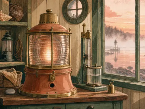 A large copper lighthouse lens sits on a wooden desk beside a window overlooking a misty coastal sunset.