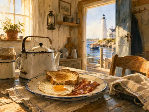 A hearty breakfast on a rustic wooden table overlooking an open doorway with a distant coastal lighthouse.