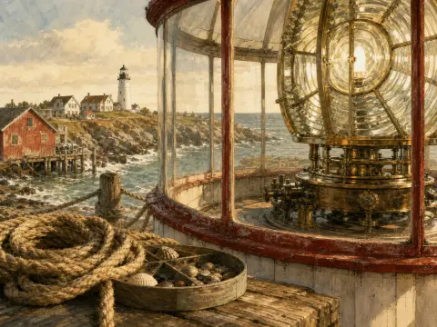 A glowing brass Fresnel lighthouse lens overlooks a rocky coastline with another distant lighthouse and cottages.
