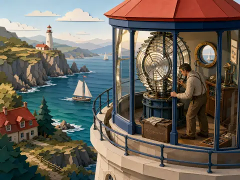 A lighthouse keeper inside a glass lantern room inspects the large lens overlooking rocky cliffs and sailboats at sea.