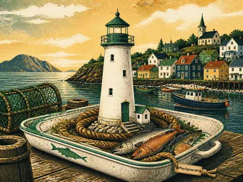 A white lighthouse rests inside a dish of fish and rope on a wooden dock overlooking a colorful seaside village.
