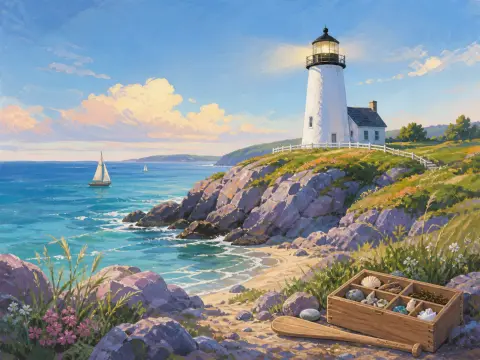 A white lighthouse standing on grassy coastal cliffs overlooking the ocean with sailboats and a foreground shell box.