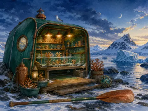 A cozy green field shelter displaying coral specimens on a snowy Arctic shoreline under a twilight crescent moon.