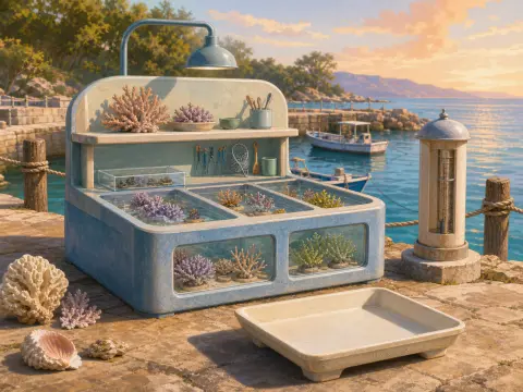 A retro-styled coral research station with aquariums sits on a sunny stone pier overlooking a tranquil harbor.