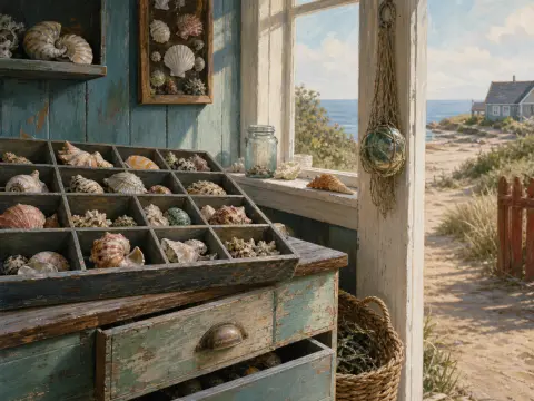 A wooden sorting tray filled with seashells sits inside a weathered seaside room overlooking an ocean path.