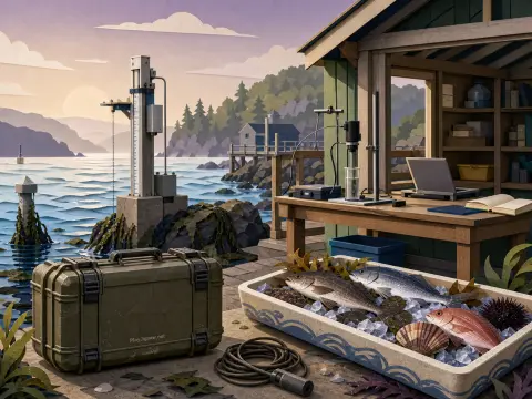 Marine research station on a coastal dock with scientific equipment, fish on ice, and a view across the bay.