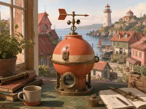 A brass and orange nautical instrument rests on a wooden windowsill overlooking a seaside village and lighthouse.