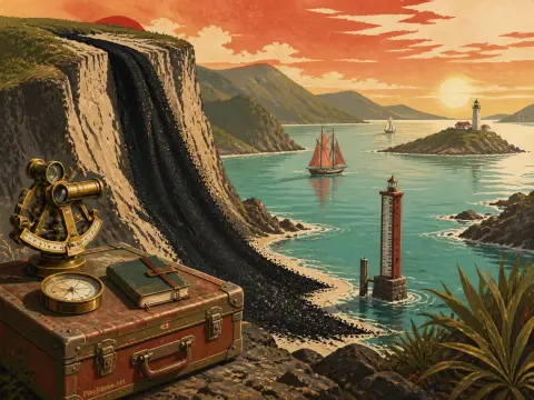 Brass sextant, compass, and suitcase on a cliff overlooking a bay with sailboats and lighthouses at sunset.