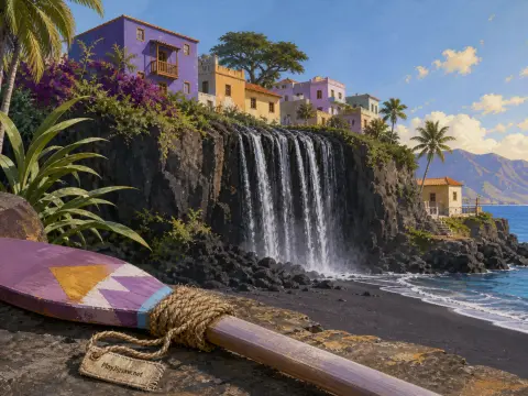A waterfall cascades down dark volcanic cliffs to a black sand beach beneath colorful village houses and palm trees.