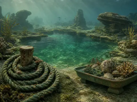 Underwater rocky lagoon with sunlight filtering down onto a coiled mooring rope and a tray of sea shells.