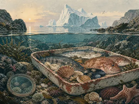 Split view of an Arctic iceberg above water and a tray of fresh fish and seashells on the seabed below.
