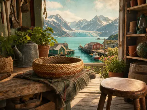 A rustic wooden workshop porch with a woven basket looking out at a scenic fjord, village huts, and snowy mountains.