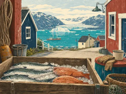 Fresh fish resting on ice in a wooden crate overlooking a Nordic harbor with icebergs and snowy mountains.
