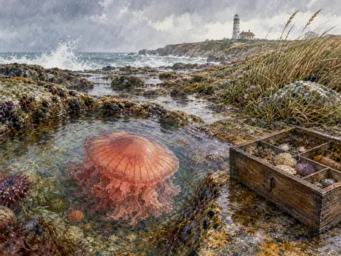 An orange jellyfish floats in a tide pool with a wooden collector box and a lighthouse in the rainy distance.