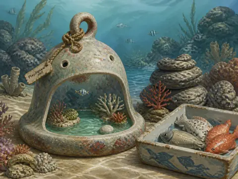 Ceramic bell-shaped habitat with coral inside resting on the ocean floor next to a ceramic tray of fish.