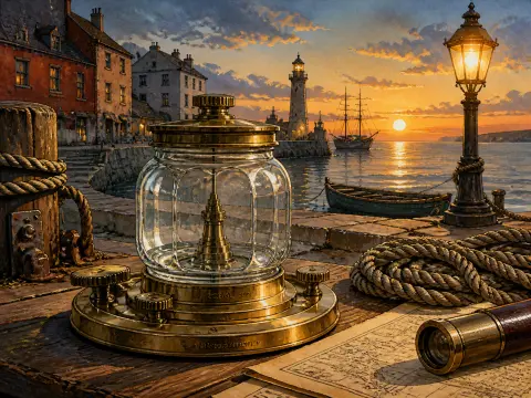 A brass nautical instrument and telescope on a wooden pier overlooking a harbor sunset with a lighthouse and sailboat.