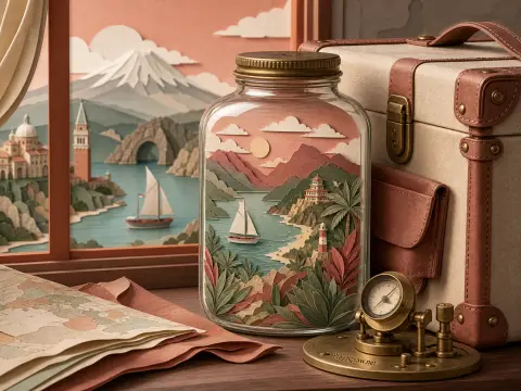 A miniature papercraft coastal scene inside a glass jar sitting on a desk with a vintage suitcase and maps.