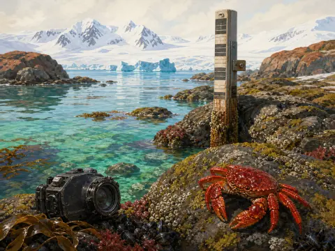 A red crab and an underwater camera sit on rocky shores facing turquoise waters and snowy mountains.