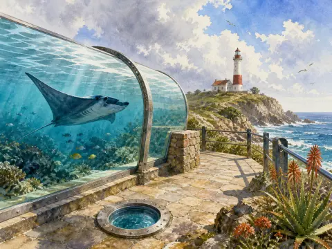 A glass aquarium tunnel showing a manta ray beside a stone coastal path leading to a distant lighthouse.