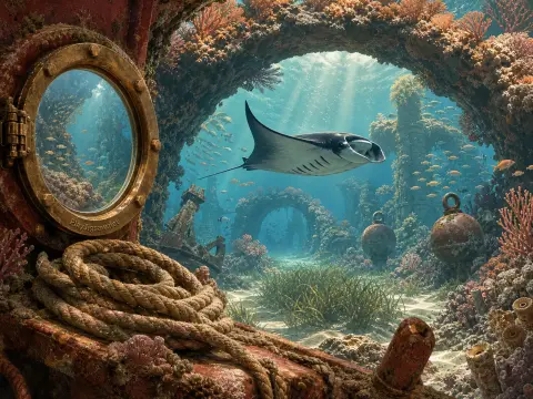 A manta ray glides through underwater stone ruins framed by a vintage brass ship porthole and coral arch.