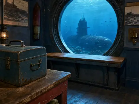 A submarine visible through a large circular porthole from inside a rustic naval cabin with a blue metal trunk.