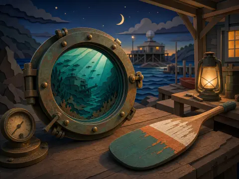 Brass porthole displaying a sunken shipwreck underwater scene beside an old oar and lantern on a seaside dock at night.