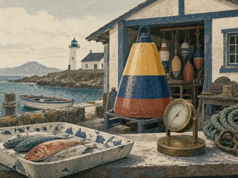 Fresh fish in a patterned tray and a brass marine gauge sit beside a large striped buoy near a harbor lighthouse.