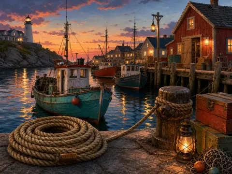 Fishing boats moored by a wooden pier with glowing lanterns, coiled rope, and a distant lighthouse at sunset.