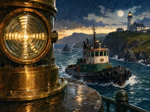 A green tugboat powers through choppy sea beneath rocky cliffs and a glowing lighthouse under rain and moonlight.