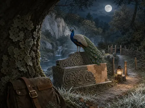 A peacock stands atop a carved stone bench on a moonlit woodland path near a glowing lantern.