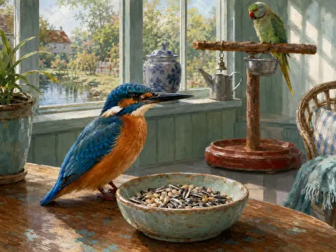 A kingfisher standing near a bowl of seeds on a wooden table beside a green parakeet in a sunlit conservatory.