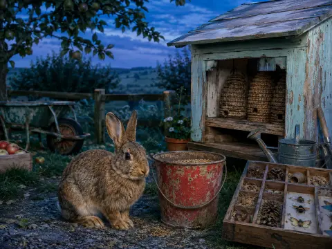 A brown bunny sits near a rustic wooden bee hutch, a red feed bucket, and an antique garden wheelbarrow at twilight.