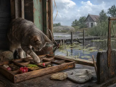 A tabby cat reaches its paw into a tray of water lilies beside an open window overlooking a lake and cottage.