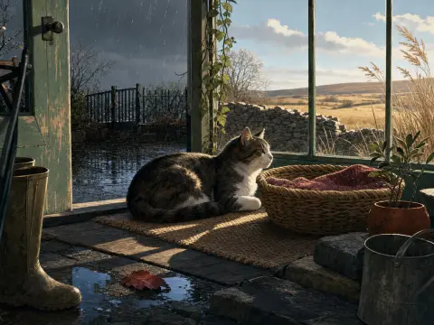 A tabby cat rests on a mat inside a rustic sunroom as rain falls outside the open door beside sunny hills.