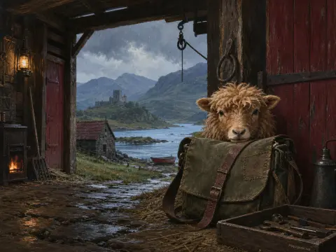 A fluffy lamb peeks over a green bag in a rustic barn overlooking a rainy mountain lake with a castle ruin.