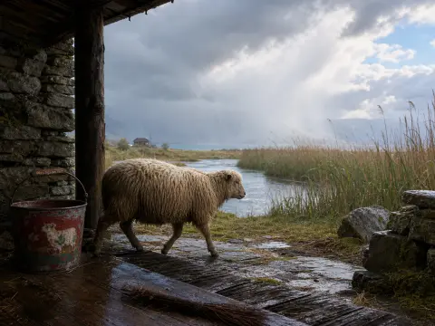 A woolly sheep walks past a rustic stone doorway overlooking a stream, tall reeds, and rainy skies.