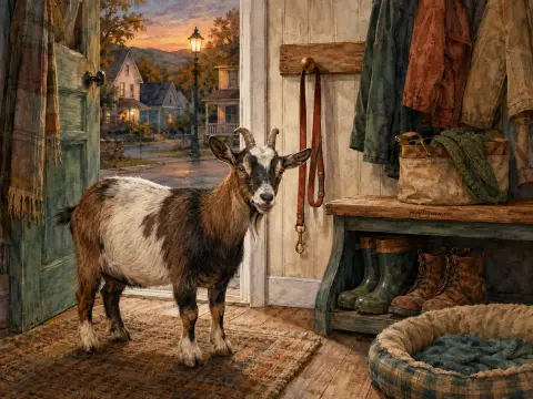 A horned goat stands in a home entryway looking toward the viewer with an open door showing a village at dusk.