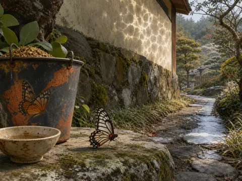 A black and white butterfly rests on a mossy stone beside a ceramic bowl along a Japanese garden path.