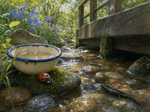 A ladybug on a mossy stone by an enamel water bowl and a salamander in a shallow sunlit creek near a wooden bridge.
