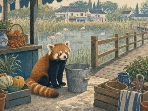 A red panda sits on a stone pier beside a bucket and produce crates, with flamingos wading in a marsh behind it.
