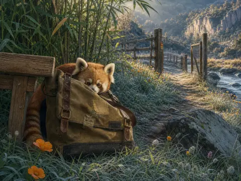 A red panda peeking out from behind a brown canvas bag next to a rustic wooden bench along a frosted path.