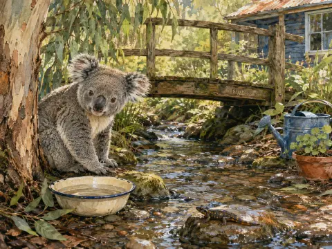 A koala sitting by a shallow forest creek near a water bowl, wooden bridge, and small salamander.