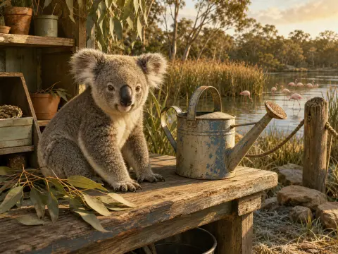 A fluffy koala sits on a rustic wooden bench next to an old watering can with flamingos wading in water behind.