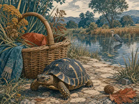 A tortoise crawls past a wicker basket beside a river where a heron stands in the water.