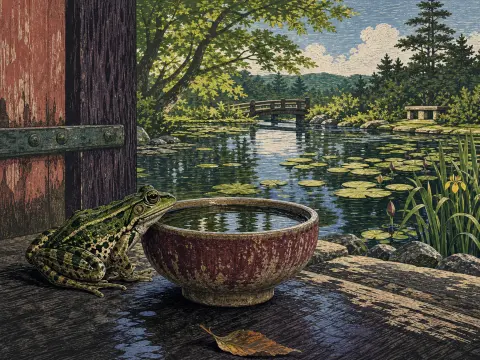 A green frog rests beside a ceramic water bowl on a wooden porch overlooking a lily pond and distant footbridge.